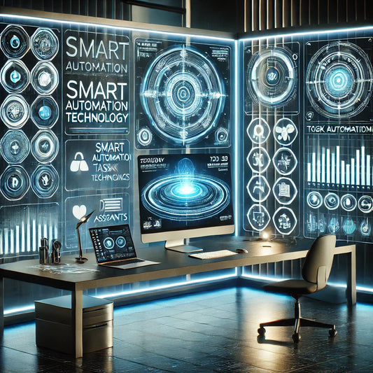 a futuristic workspace with smart automation technology and task management apps displayed on a screen.