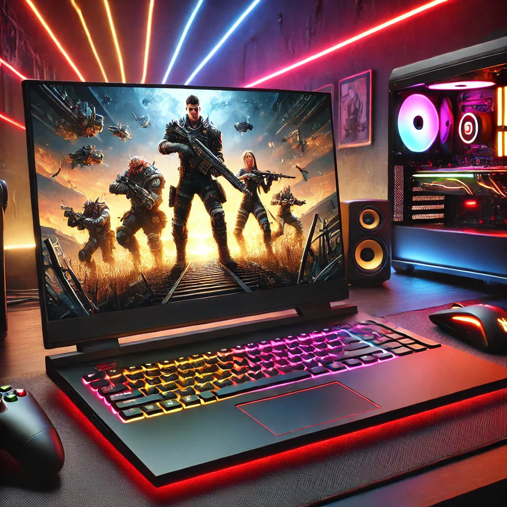 A high-performance budget gaming laptop on a sleek desk setup with RGB lighting, a mechanical keyboard, and a gaming mouse.