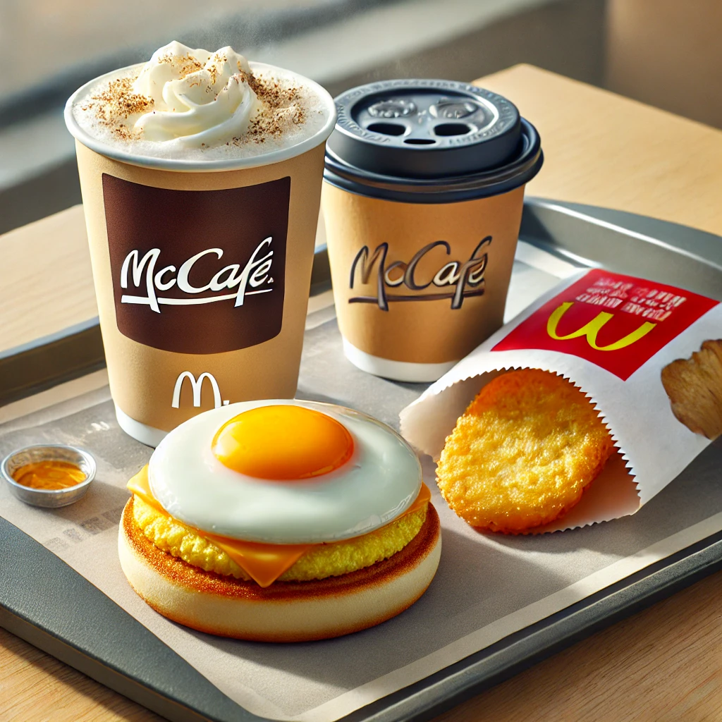 McDonald's breakfast meal with an Egg McMuffin, hash browns, and coffee on a tray.