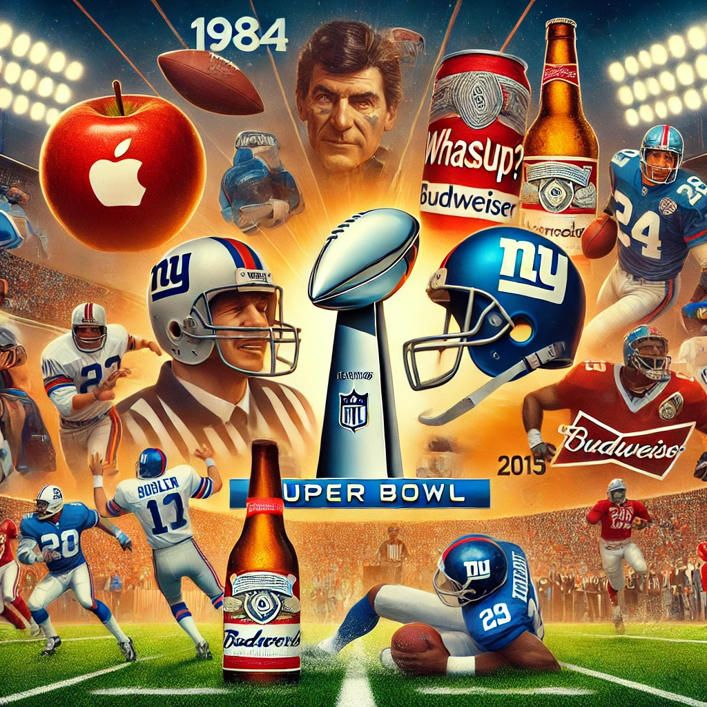 A collage of iconic Super Bowl commercials, including Apple’s ‘1984,’ Pepsi’s Cindy Crawford, and Volkswagen’s ‘The Force.’