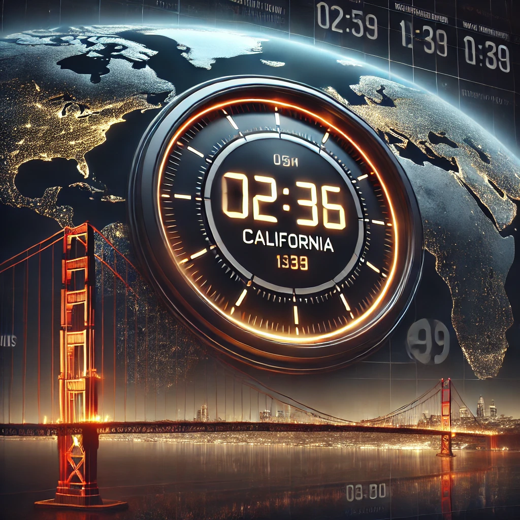 Current time in California displayed on a digital world clock with time zones.