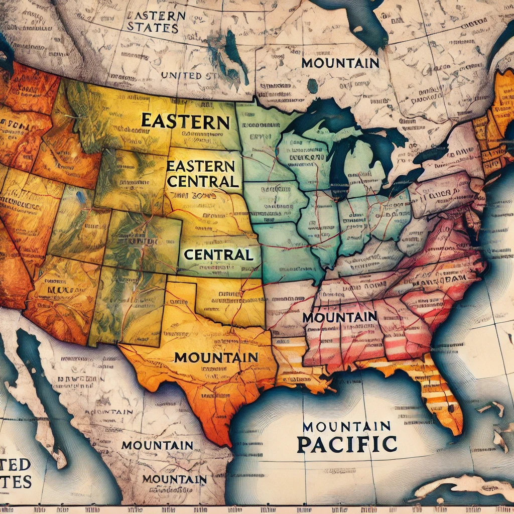 Map of U.S. time zones, highlighting Eastern, Central, Mountain, and Pacific Time Zones.