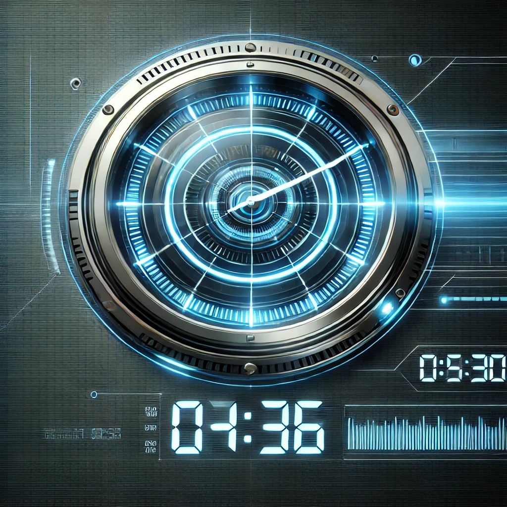 A modern digital clock displaying the current time with a futuristic design.