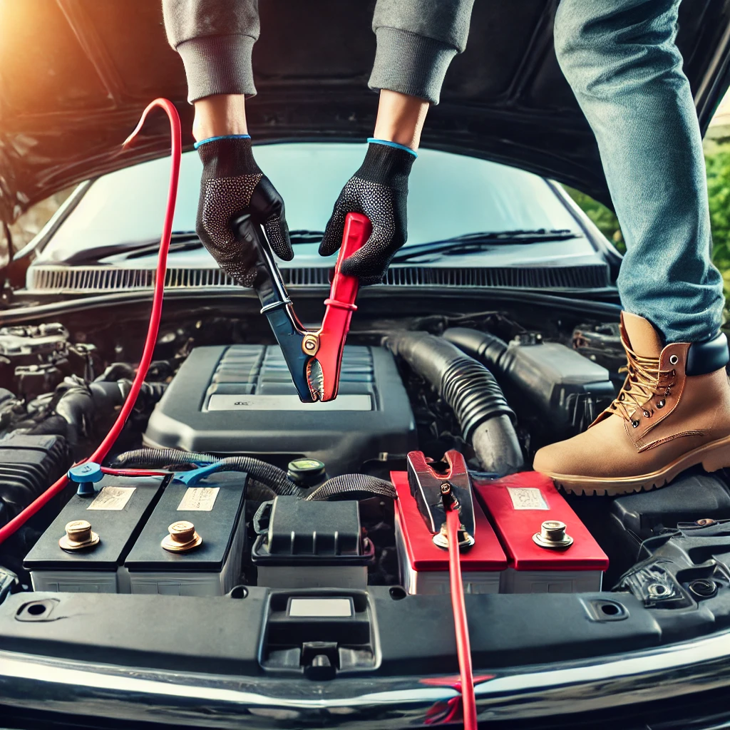 A person safely jump-starting a car with red and black jumper cables attached to both car batteries.