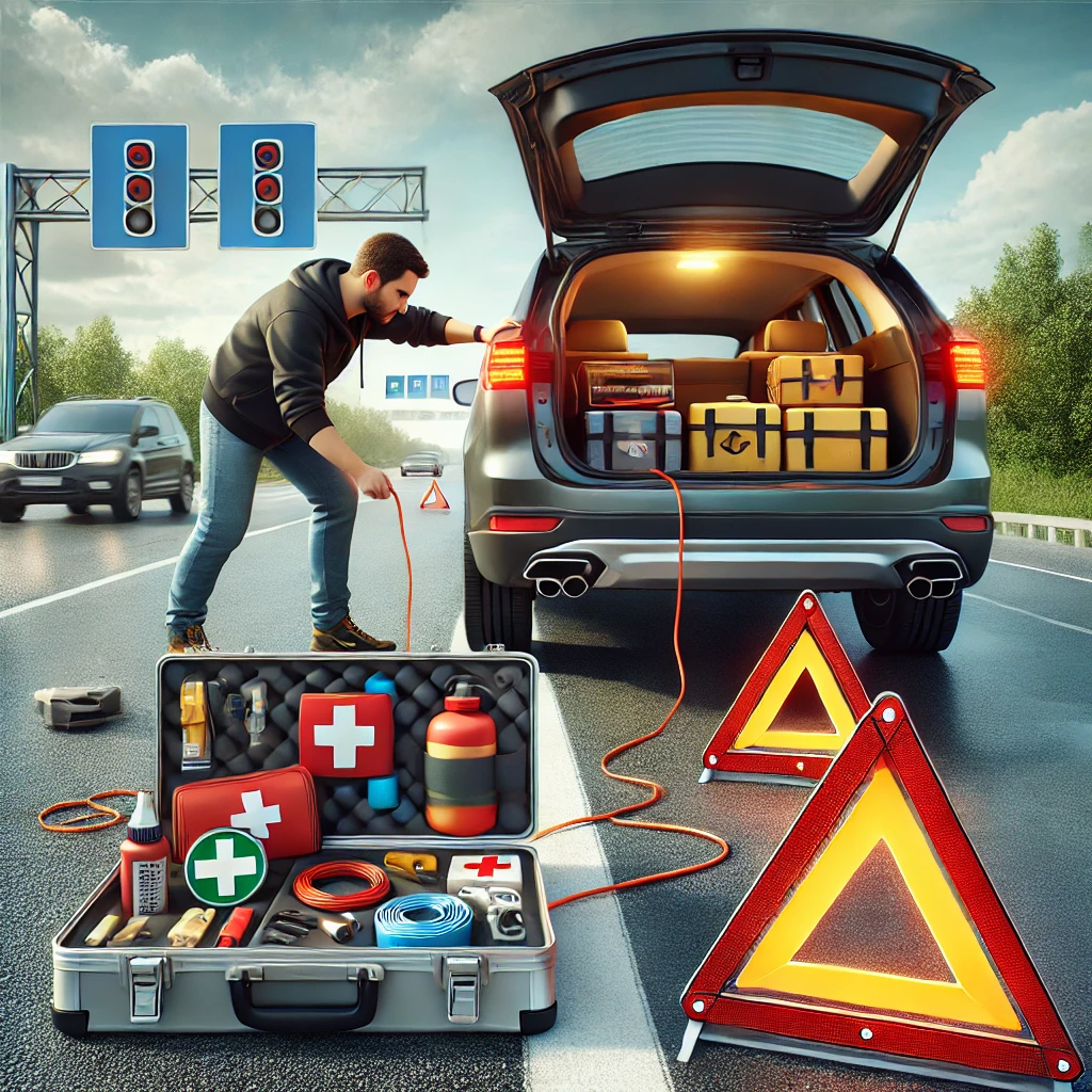 Driver setting up emergency warning signs beside a broken-down car for roadside safety.