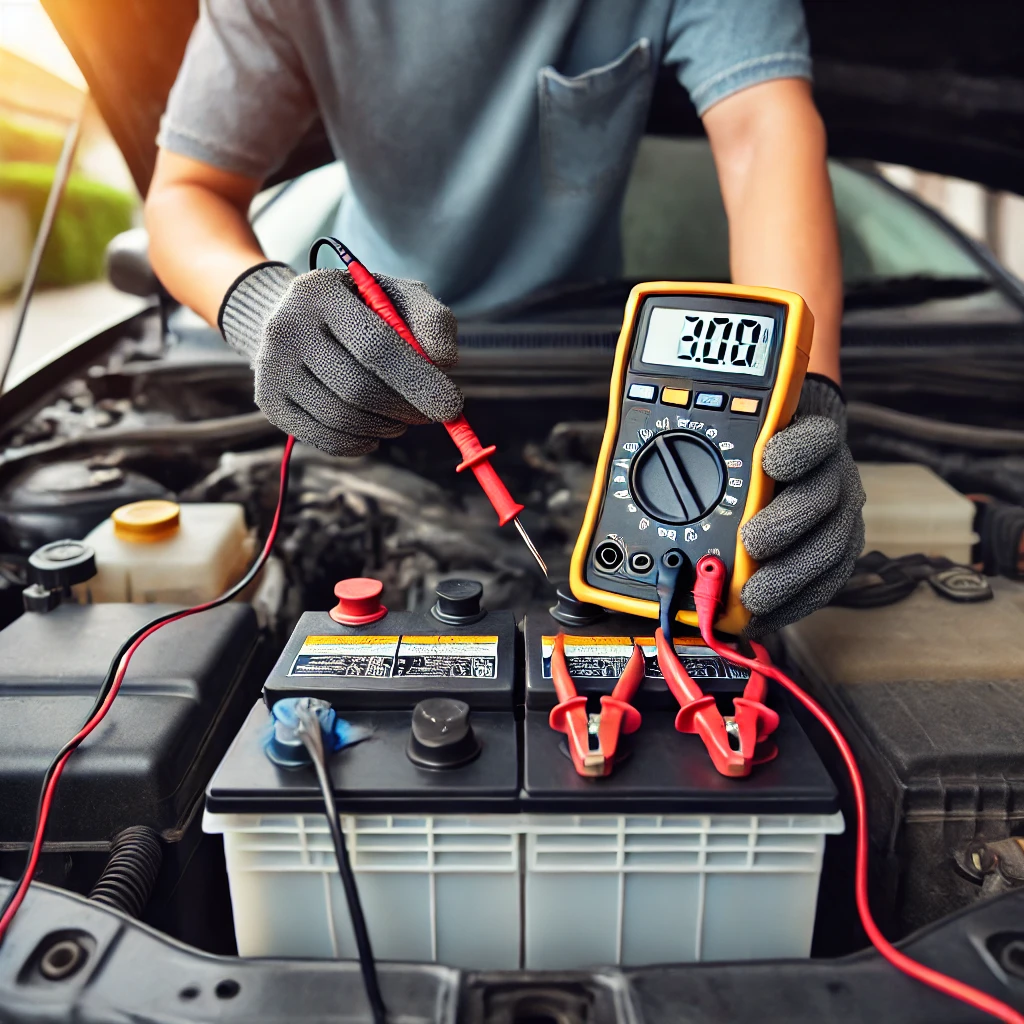 Mechanic testing car battery voltage with a multimeter for maintenance.