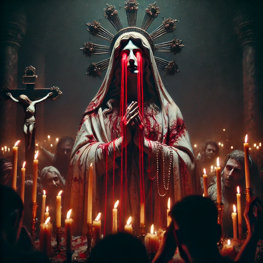 A statue weeping blood, surrounded by believers in a candlelit setting.