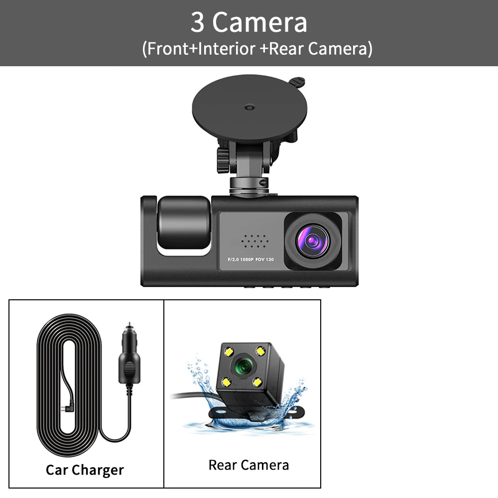 3 Channel Car DVR HD 1080P 3-Lens Inside Vehicle Dash CamThree Way Camera DVRs Recorder Video Registrator Dashcam Camcorder