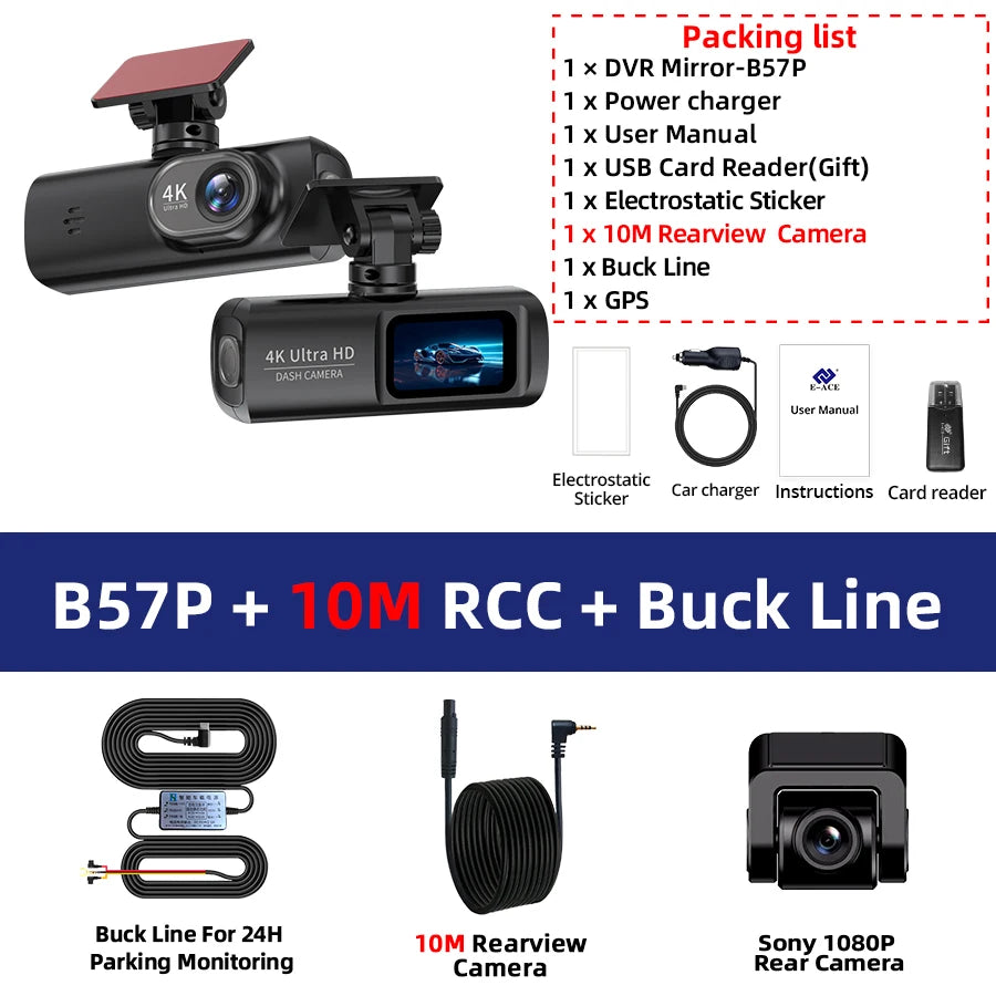 E-ACE Dashcam 4K GPS WIFI front and rear 3 channel car dvr dash cam usb 2 camera Video recorder Black box auto systems Smart