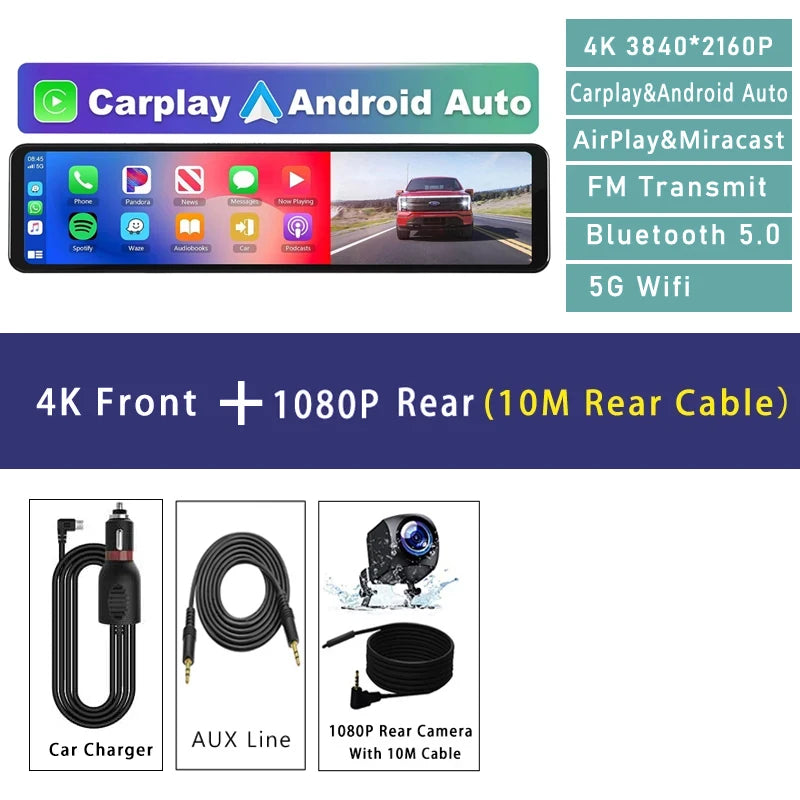 11.26" 4K 2160P Car Dvr Carplay Android Auto Dash Cam GPS WIFI BT FM Stream Rear View Mirror Dashcam Dvrs Camera Drive Recorder