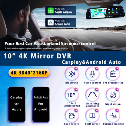 10"  Dash Cam 4K 3840*2160P Car Dvr Carplay Android Auto GPS 5G WIFI AUX Stream RearView Mirror Dashcam Camera Drive Recorder FM