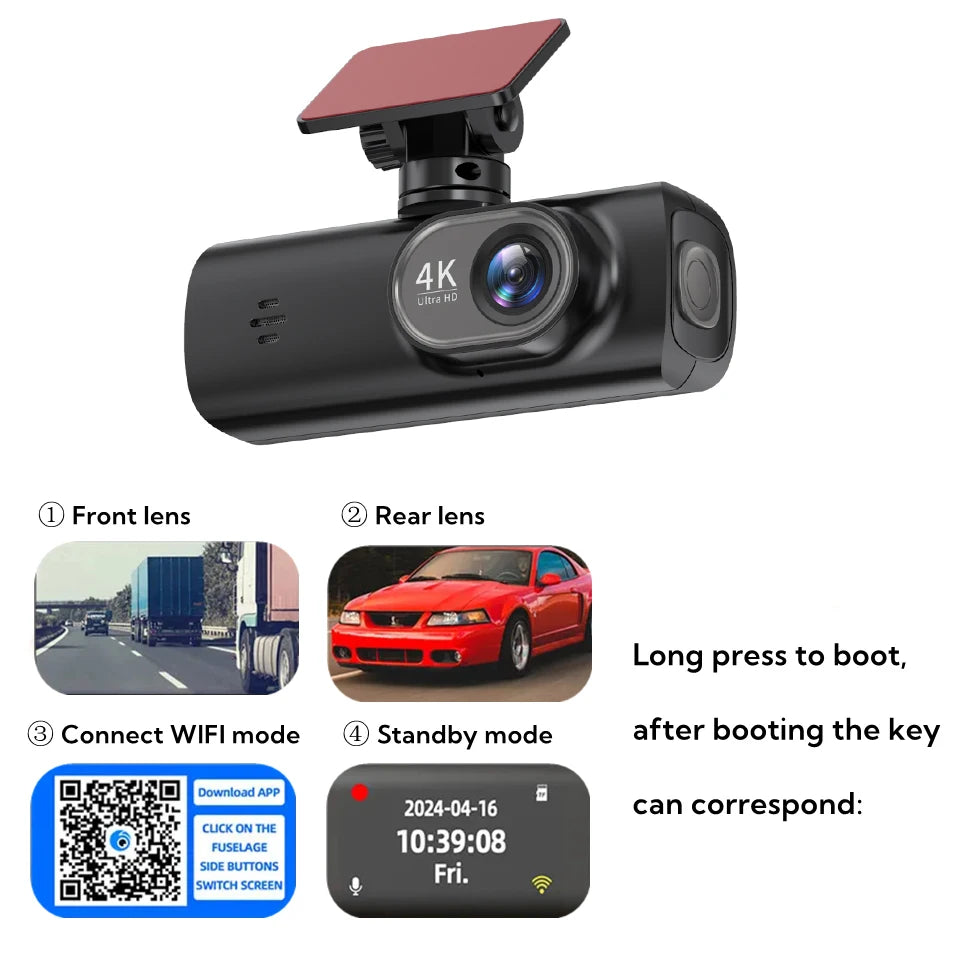 E-ACE Dashcam 4K GPS WIFI front and rear 3 channel car dvr dash cam usb 2 camera Video recorder Black box auto systems Smart