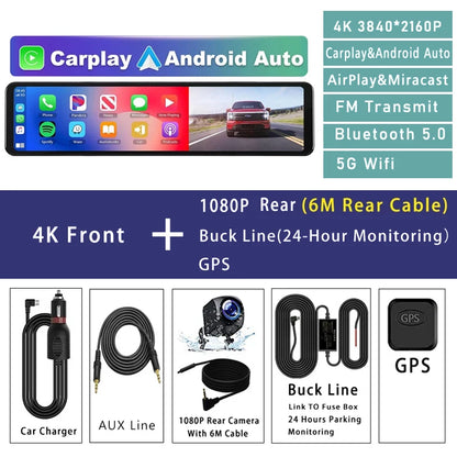 11.26" 4K 2160P Car Dvr Carplay Android Auto Dash Cam GPS WIFI BT FM Stream Rear View Mirror Dashcam Dvrs Camera Drive Recorder