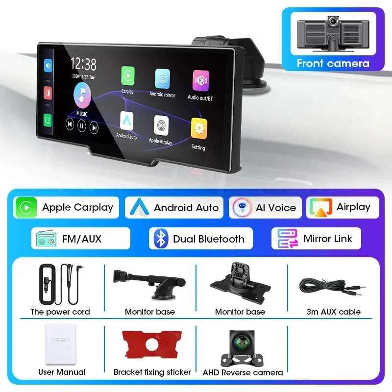 10.26" Car DVR Carplay Android Auto Dashcam 4K 3840*2160 Front And 1080P Rear Camera Voice Control BT FM GPS Recorder Dual lens