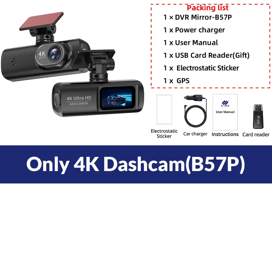 E-ACE Dashcam 4K GPS WIFI front and rear 3 channel car dvr dash cam usb 2 camera Video recorder Black box auto systems Smart