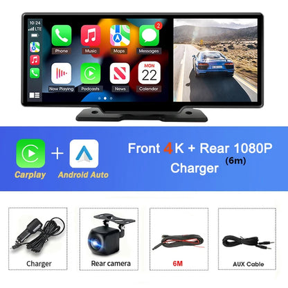 10.26" Car DVR Carplay Android Auto Dashcam 4K 3840*2160 Front And 1080P Rear Camera Voice Control BT FM GPS Recorder Dual lens