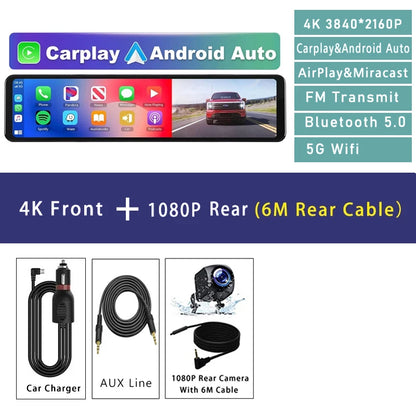 11.26" 4K 2160P Car Dvr Carplay Android Auto Dash Cam GPS WIFI BT FM Stream Rear View Mirror Dashcam Dvrs Camera Drive Recorder