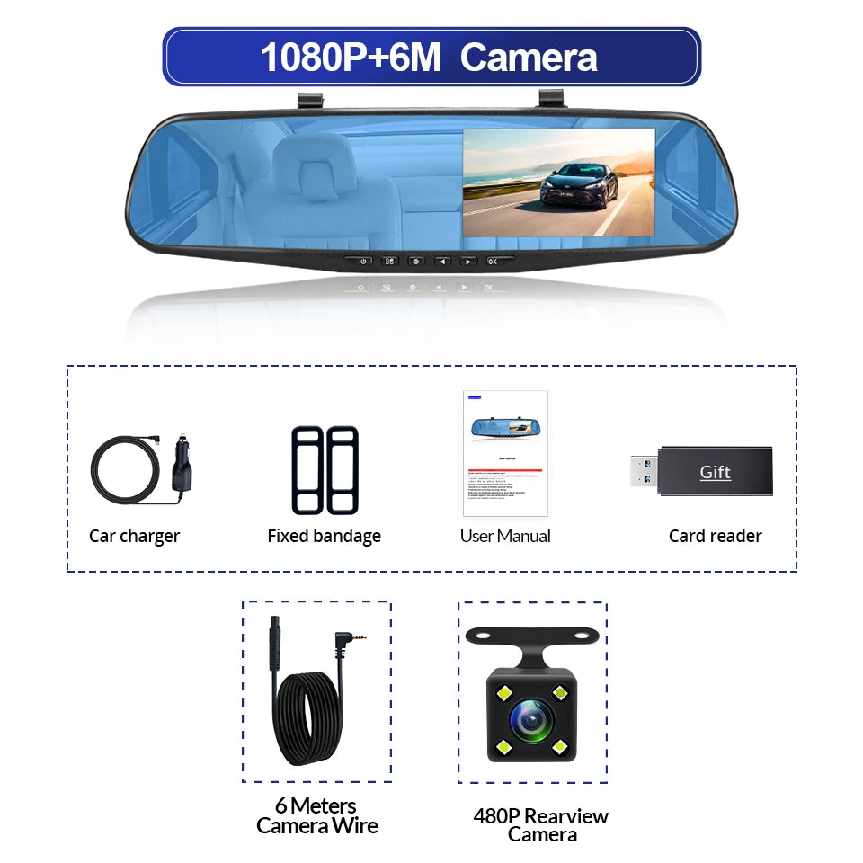 Dashcam 4.3 Inch Mirror FHD 1080P Camera Dual Lens DVR  Rearview Mirror Dash Camera Car Video Recorder Auto Black Box Car Dvr