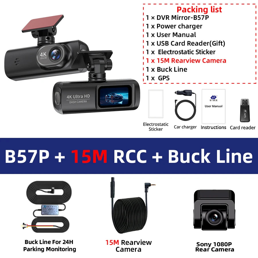 E-ACE Dashcam 4K GPS WIFI front and rear 3 channel car dvr dash cam usb 2 camera Video recorder Black box auto systems Smart