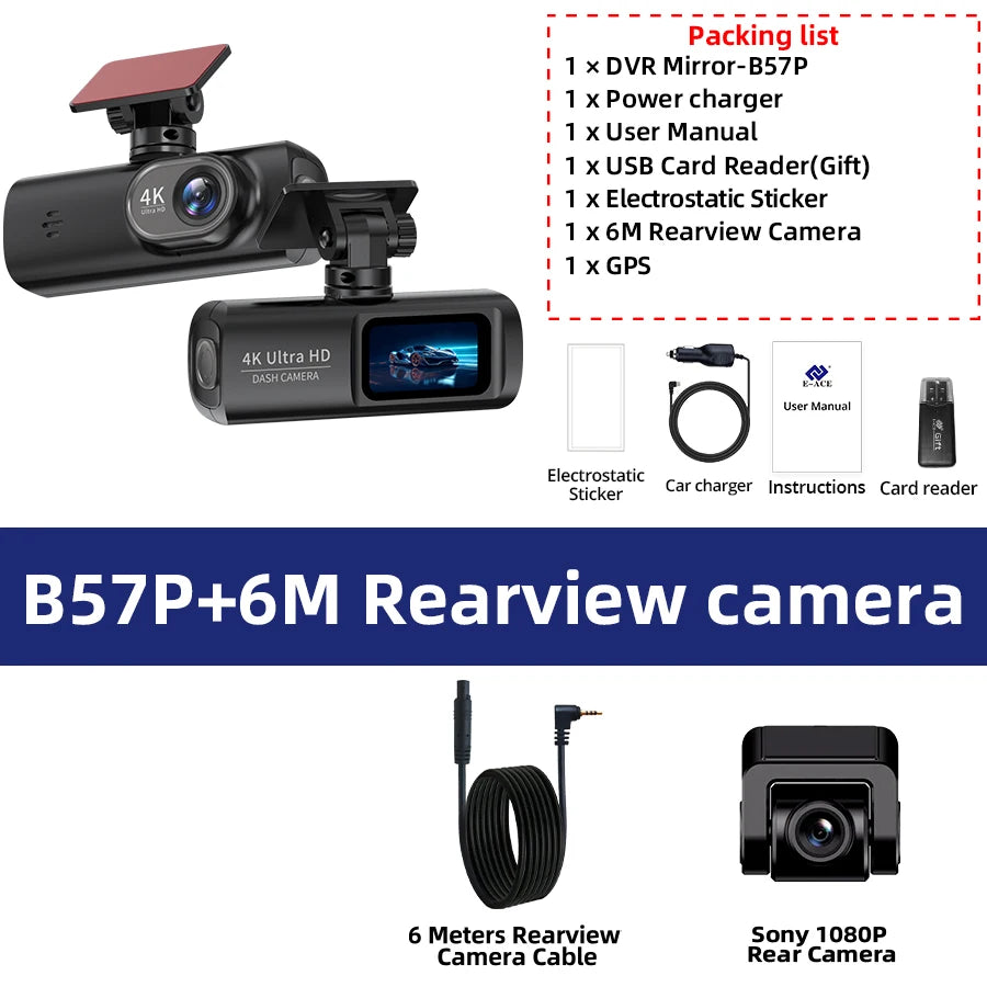 E-ACE Dashcam 4K GPS WIFI front and rear 3 channel car dvr dash cam usb 2 camera Video recorder Black box auto systems Smart