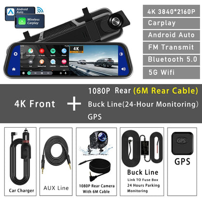 10"  Dash Cam 4K 3840*2160P Car Dvr Carplay Android Auto GPS 5G WIFI AUX Stream RearView Mirror Dashcam Camera Drive Recorder FM