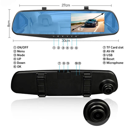 E-ACE Dashcam Car Dvr 4.3 Inch Mirror FHD 1080P Camera Dual Lens DVR  Rearview Mirror Dash Camera Car Video Recorder Auto