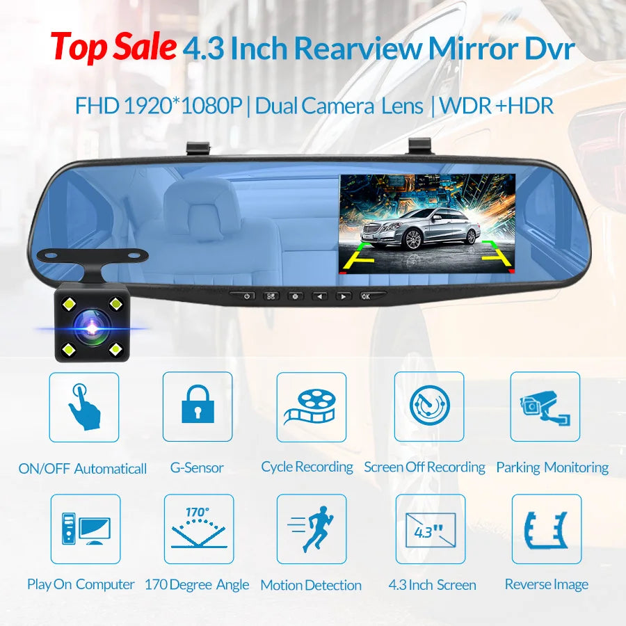 Dashcam 4.3 Inch Mirror FHD 1080P Camera Dual Lens DVR  Rearview Mirror Dash Camera Car Video Recorder Auto Black Box Car Dvr