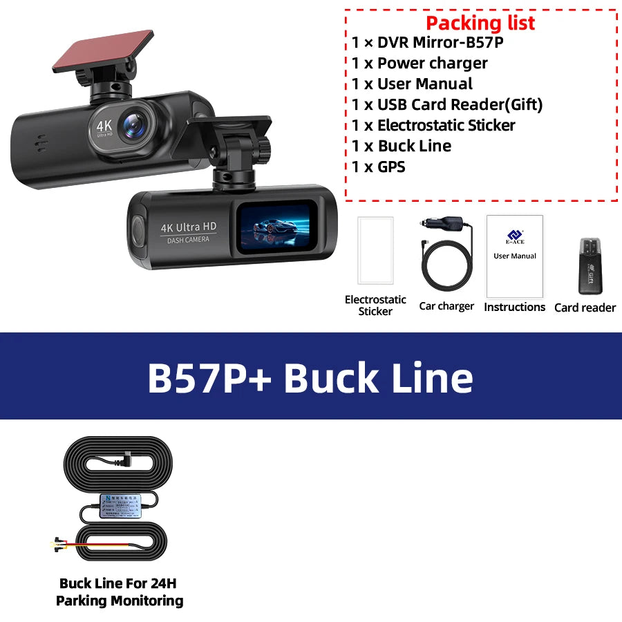 E-ACE Dashcam 4K GPS WIFI front and rear 3 channel car dvr dash cam usb 2 camera Video recorder Black box auto systems Smart