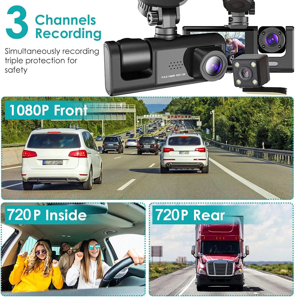 1080P Car Dvr 3 Camra Dash Cam for Cars Camera for Vehicle Recorder Video Front and Rear Camera W/ IR Night Vision Dashcam