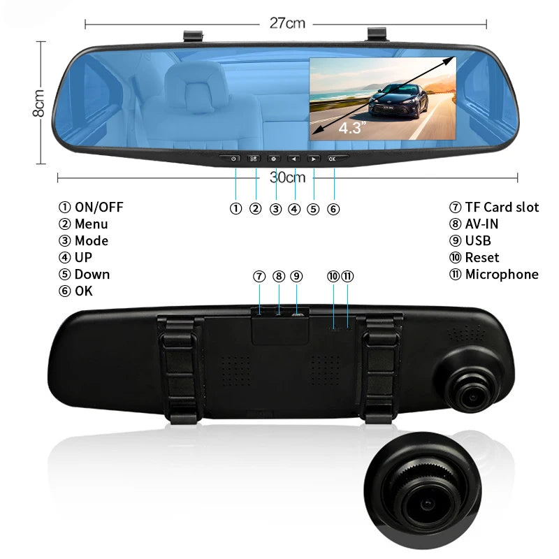 Dash Cam 4.3 inch "mini rear-view mirror digital dashcam, front and rear dual cameras IPS Front and Rear Camera Registrar Black