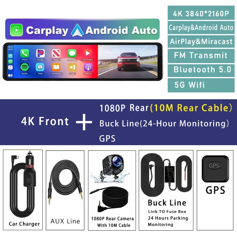 11.26" 4K 2160P Car Dvr Carplay Android Auto Dash Cam GPS WIFI BT FM Stream Rear View Mirror Dashcam Dvrs Camera Drive Recorder