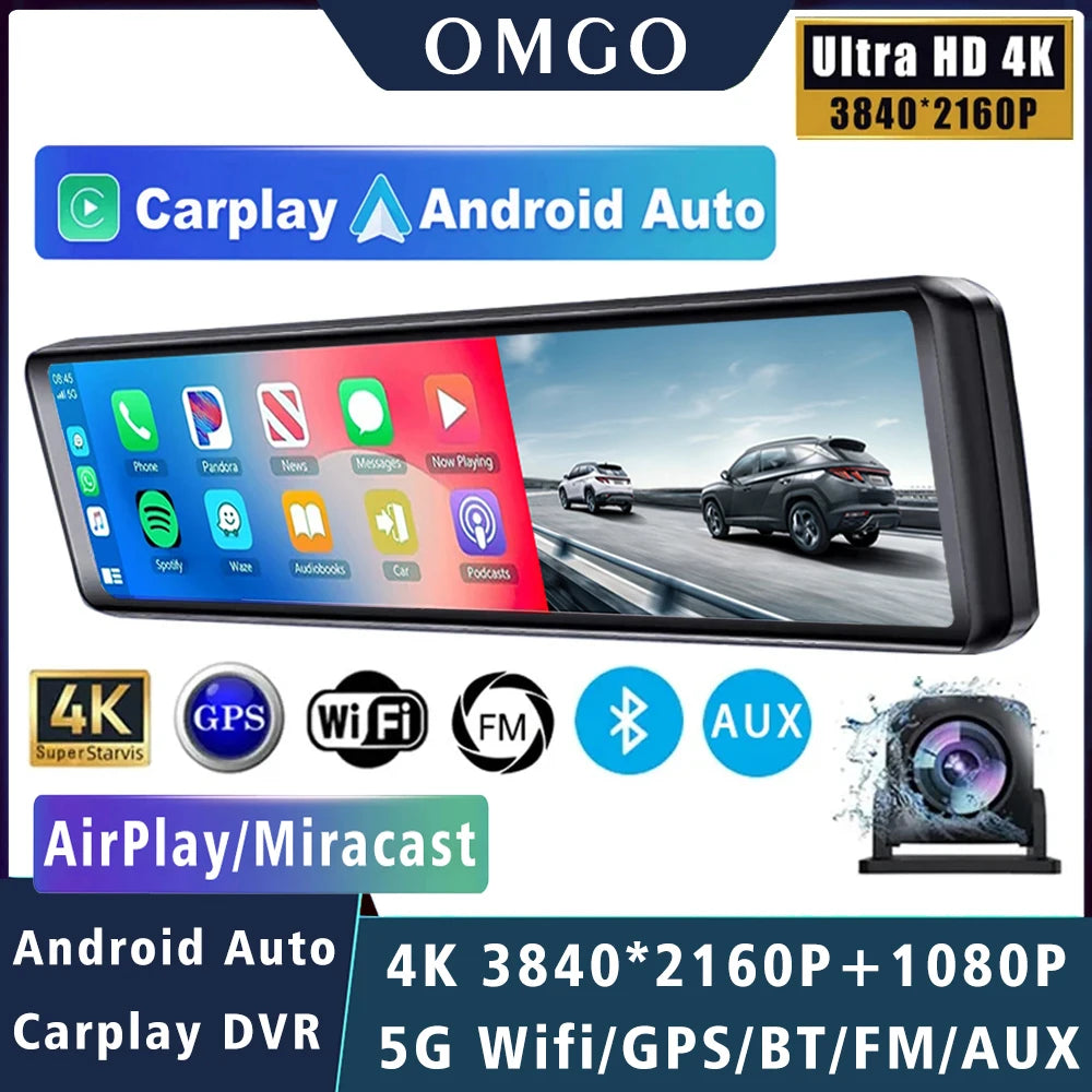 11.26" 4K 2160P Car Dvr Carplay Android Auto Dash Cam GPS WIFI BT FM Stream Rear View Mirror Dashcam Dvrs Camera Drive Recorder