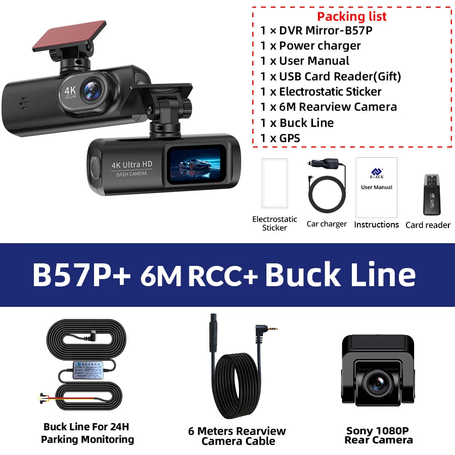 E-ACE Dashcam 4K GPS WIFI front and rear 3 channel car dvr dash cam usb 2 camera Video recorder Black box auto systems Smart